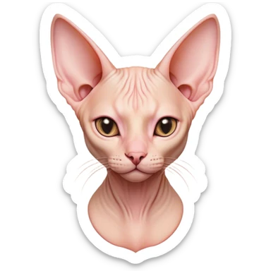 Cinematic Noble Sphynx Cat Portrait Emoji, Poised and regal, with smooth, hairless skin in warm peach and soft pink tones, striking large ears and intense almond-shaped eyes, Simplified yet sharp and sophisticated features, highly detailed, glowing with a soft, dignified glow, high shine, intelligent and graceful, stylized with an air of elegance, focused and attentive, soft glowing outline, capturing the essence of a watchful and refined feline, so majestic it feels as though it could glide across the screen with effortless confidence! sticker