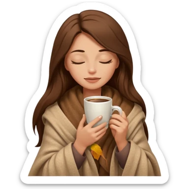 long brown hair woman closed eyes hiding under a cozy wool beige blanket, holding cup of coffee, autumn mood sticker