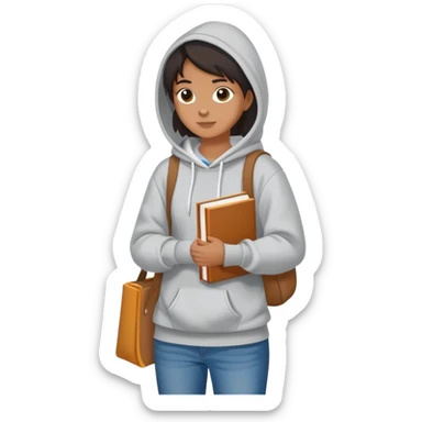 A flat-style illustration of a college student casually with a tote bag over the shoulder and a book in one hand. The student wears a hoodie, jeans, and sneakers. Clean cartoon style, white background, iOS emoji aesthetic. sticker