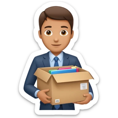 I want an emoji that represents moving out of the office. It's like a businessman with a cardboard box with box office utilities inside of the box. sticker