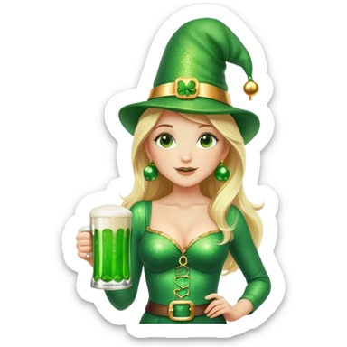 Blonde haired pretty woman in glittery green bell bottoms and tall leprechaun hat holding a green beer sticker