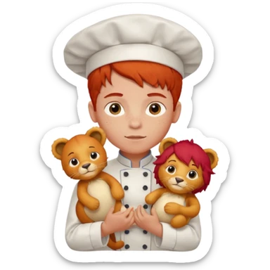 boy kid italian chef, red haired, uniform, holding plush lion sticker