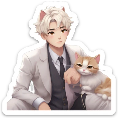 Gorgeous romantic anime style Asian formal modern gentlemanly guy with cat ears and flowers and blushing face aesthetic trending style outside sticker