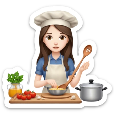 beautiful pale brunette girl with long hair cooking sticker