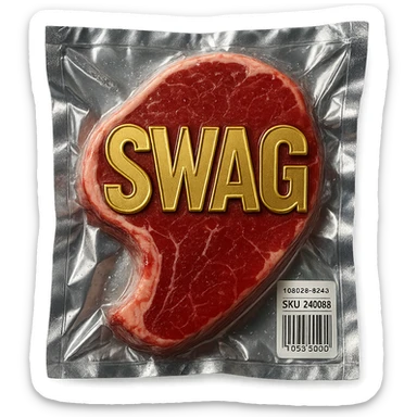 steak with gold outlined 'SWAG' letters, glossy sticker