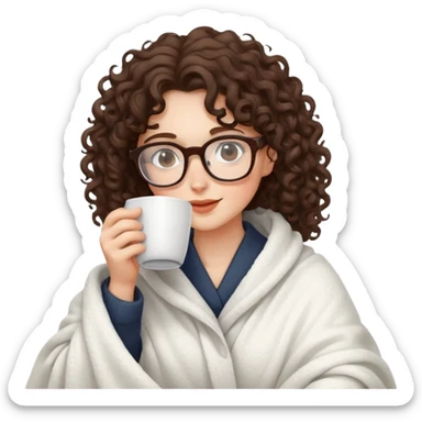 Brunette girl Curly and glasses color silver in white blanket drinking coffee sticker