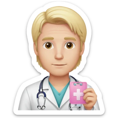 light pink doctor id badge with the name artur, blonde man with middle part hair sticker