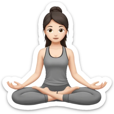 a brunette girl doing yoga, she is wearing a grey fit and she has dark loose hair.  sticker