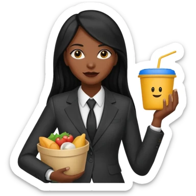 dark long haired woman with suit holding food container sticker