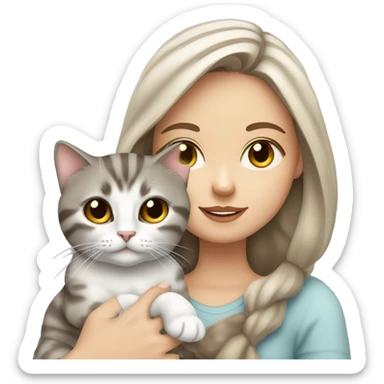 Long Dark brown haired white girl with hazel eyes holding gray tabby cat sticker