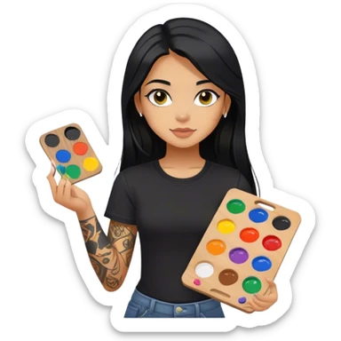 A girl with long black hair and hazel eyes and black tattoos on right arm holding a paint palette  wearing black shirt sticker