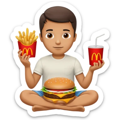 man in lotus pose eating McDonalds burger and fries sticker