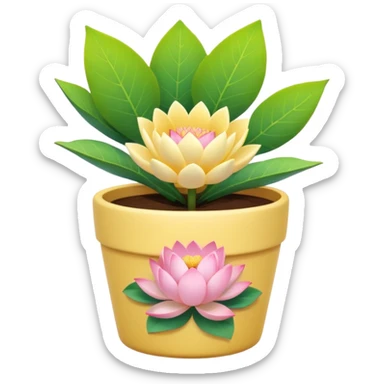 Short, cylindrical ceramic flower pot in pastel yellow, containing a lotus flower plant. sticker