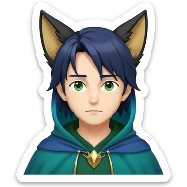 anime man with straight long dark-blue-black-gradient hair, long black fox ears, hazel-gradient-brown-turquoise eyes, gold earring, dark-blue-sweater, green cape,  sticker