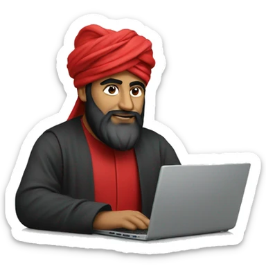 A caliph with turban and red clothes writing in a laptop sticker