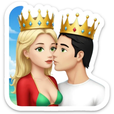 Blonde Queen with crownGreen eyes in Bikini kissing Male subject without crown black hair blue eyes Background sky sticker