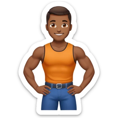 Adult male, brown skin, muscular, confident grin, slightly provocative stance, hands on hips, assertive energy, clearly distinct from Black and Farmer roles sticker