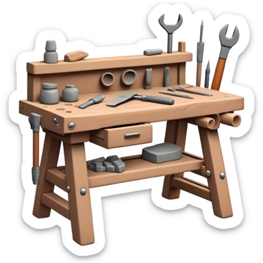 Cinematic Realistic image of a workbench set with a lump of pliable clay and artisanal sculpting tools, rendered with finely detailed textures that reveal subtle clay particles and well-worn tool surfaces, bathed in warm, focused studio lighting sticker
