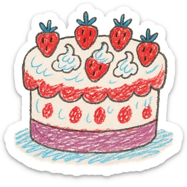 white cake with strawberries and whipped cream, whimsical and bright, children doodle style sticker