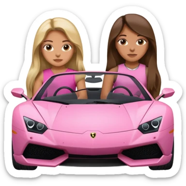 Make car far away so I can see full car Car facing forward in sports car. Make hair long  two girls in car far away Front of car sitting in the seats. Make it a pink sports car. They are two baddies make it a Lamborghini pink car  sticker