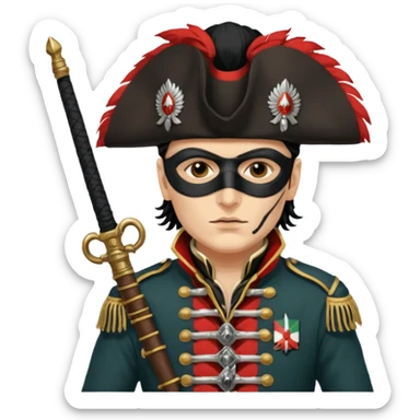 Adam Ant  painted with Indian war colors with black mask is wearing a Hungarian Hussar'S JACKET, holds two firelocks holsters in his hands sticker