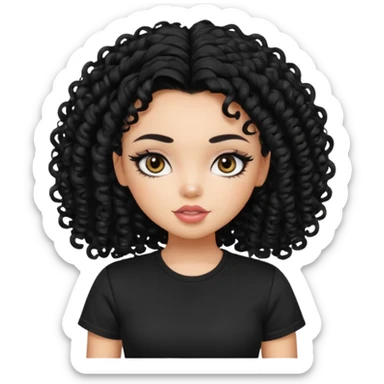 a pretty bratz girl with curly black hair, eyeliner, wearing a black tshirt sticker