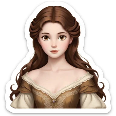 Cinematic Realistic Belle Portrait, depicted with lifelike skin texture, soft natural lighting, and intricately detailed brown hair styled elegantly. Her deep, expressive eyes exude warmth and intelligence, complemented by a serene and graceful expression. She is dressed in her classic attire, with rich fabric textures and delicate folds that catch the light beautifully. The portrait features a soft, enchanting glow with a natural, radiant finish, capturing the essence of timeless beauty in a realistic and painterly style, evoking a sense of depth and authenticity. sticker