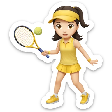 A cute Asian girl playing tennis, wearing a butter yellow outfit sticker