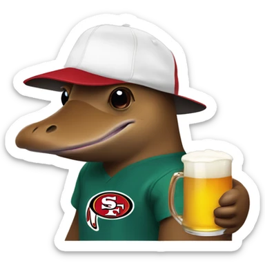 platypus in a 49ers cap holding a white beer sticker