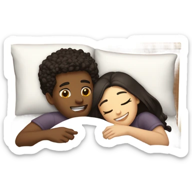 Blonde girl and brunette guy cuddling in bed sticker