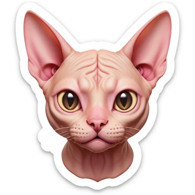 Cinematic Comical Sphynx Cat Portrait Emoji, Head tilted dramatically with an exaggeratedly shocked or offended expression, smooth, wrinkled skin in warm peach and pink hues, large bat-like ears perked up, piercing eyes widened in disbelief, Simplified yet hilariously expressive features, highly detailed, glowing with a slightly sassy glow, high shine, dramatic yet playful, stylized with an air of attitude, bright and endearing, soft glowing outline, capturing the essence of a sassy and over-the-top feline, so meme-worthy it feels like it could side-eye its way into internet fame instantly! sticker