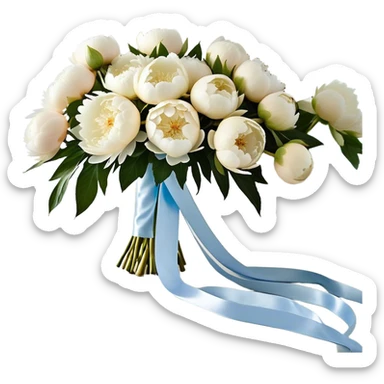 A lush bouquet of full-bloom white peonies, their petals soft as silk, rests on a lace-draped vanity table. A long, powder blue satin ribbon is delicately woven through the stems, its trailing ends cascading onto the wooden surface. The gentle glow of morning light filters through sheer curtains, casting a dreamy ambiance over the scene. Scattered pearl beads catch the light, reflecting a soft iridescence that complements the bouquet’s ethereal beauty. sticker