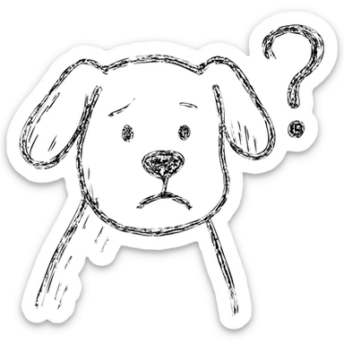 hand-drawn outline of a dog looking puzzled, question mark near face sticker