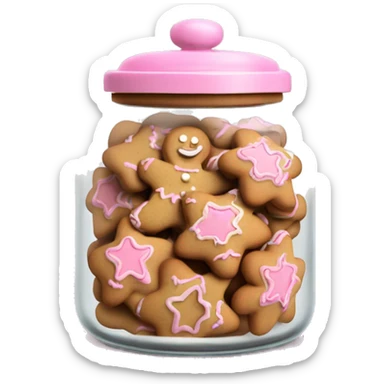 Realistic glass cookie jar with light pink lid full of gingerbread cookies isolated.  sticker
