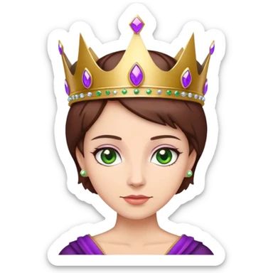 Purple crown on a queen with short brown hair and greene ye sticker