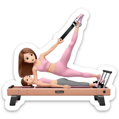 pretty white teen with hazel eyes and long brown hair and a small waist in light pink workout clothes in a plank on a pilates reformer sticker