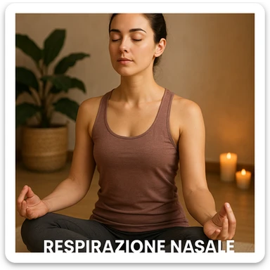person in yoga or meditation pose with closed eyes practicing deep nasal breathing, relaxing atmosphere, caption in Italian sticker