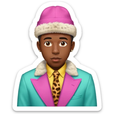 Tyler the Creator in his CHROMAKOPIA colorful suit with fur hat sticker