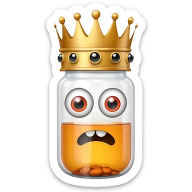 Pill bottle with scary eyes wearing a crown sticker