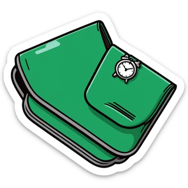 black wallet with a small clock hovering above it sticker