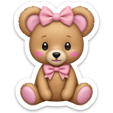 The og emoji teddy bear eith some pink blush and a cute pink coquette bow in the ear sticker