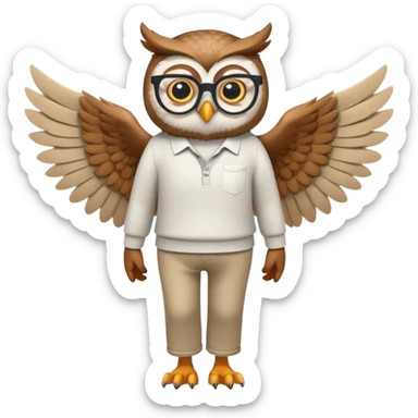 friendly anthropomorphised owl with wings instead of arms, in pants and a shirt, wearing glasses, walking upright, standard pose sticker