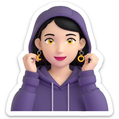 person with military cut black hair, brown eyes, wearing 2 circle earrings and a black hoodie with a smiley face sticker