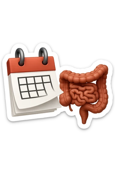 emoji stile iphone di un calendario con fogli che volano insieme a pezzi anatomici di colon umano, iperrealistico 4k, isolato su sfondo bianco sticker