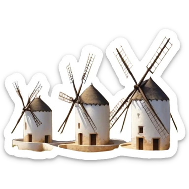 ​Cinematic Realistic Spanish Windmills (Mota del Cuervo), depicted as a cluster of gracefully aged windmills with weathered whitewashed facades and rustic wooden sails, standing proudly on a sunlit, rolling hillside of golden fields and olive groves, rendered with intricate textures and soft natural lighting that captures the timeless rural charm and historical significance of the Spanish landscape, sticker