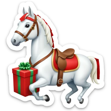 christmas new year's white horse with a red saddle with gift box on saddle sticker