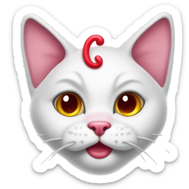 A white cartoon cat with a red bow on its left ear, looking unwell., disgusting a pink liquid out of his mouth sticker