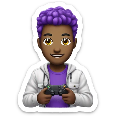 Gaming streamer with a controller in his hand and showing fun with purple color with a street hear sticker