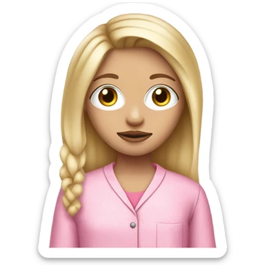 blonde girl medium length hair straight hair hazel eyes pouty lips button nose and white girl with a face mask on and pink pijamas  sticker