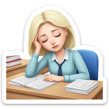 Exhausted female teacher napping at classroom desk with papers sticker